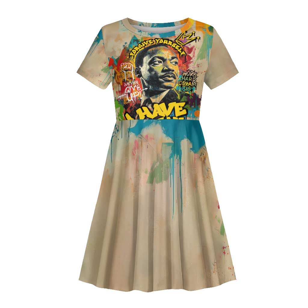 Martin Luther King Graffiti Afro Kid Short Sleeve Dress Colorful Spray Paint Quotes and Crown - African Pride