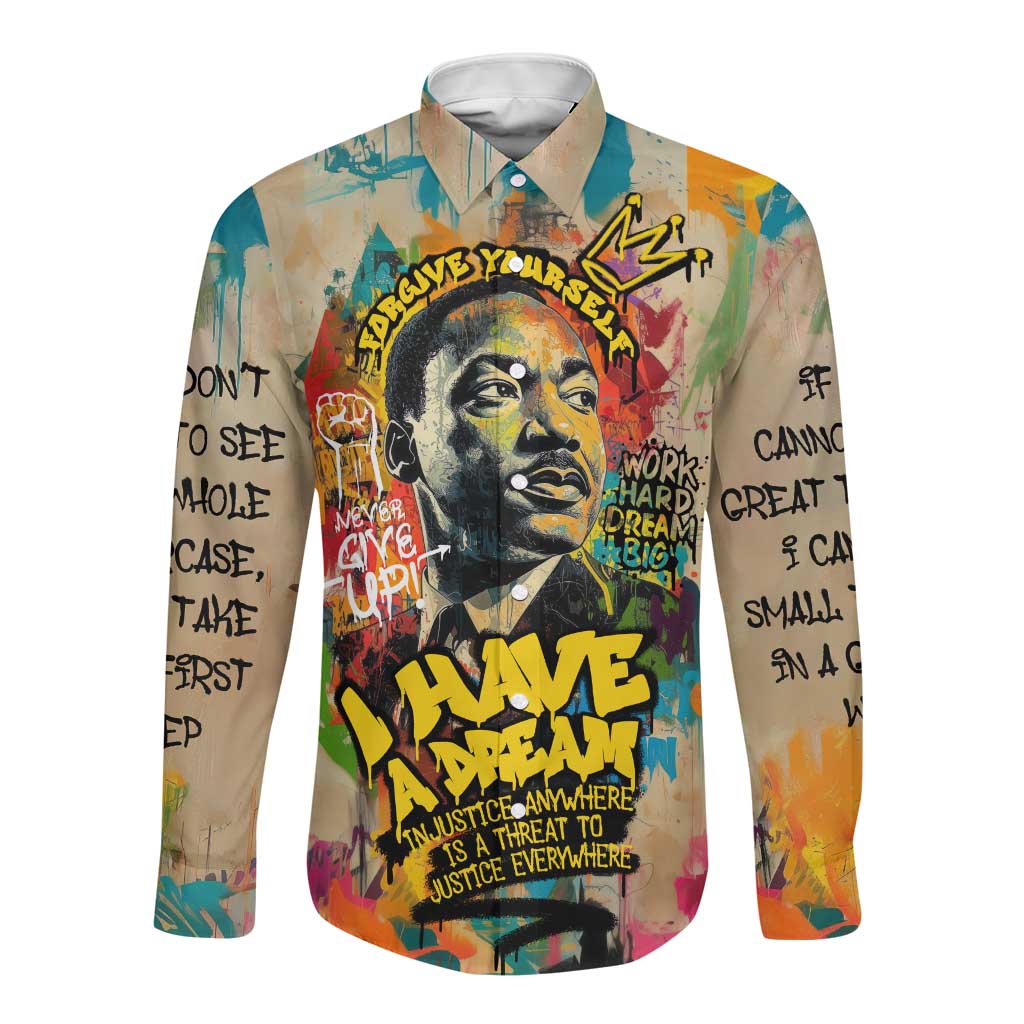 Martin Luther King Graffiti Afro Long Sleeve Button Shirt Colorful Spray Paint Quotes and Crown - African Pride