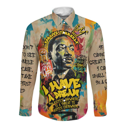 Martin Luther King Graffiti Afro Long Sleeve Button Shirt Colorful Spray Paint Quotes and Crown - African Pride