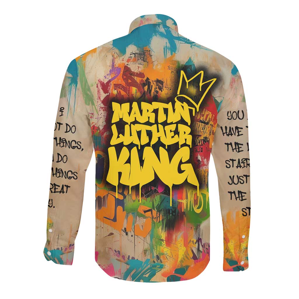 Martin Luther King Graffiti Afro Long Sleeve Button Shirt Colorful Spray Paint Quotes and Crown - African Pride