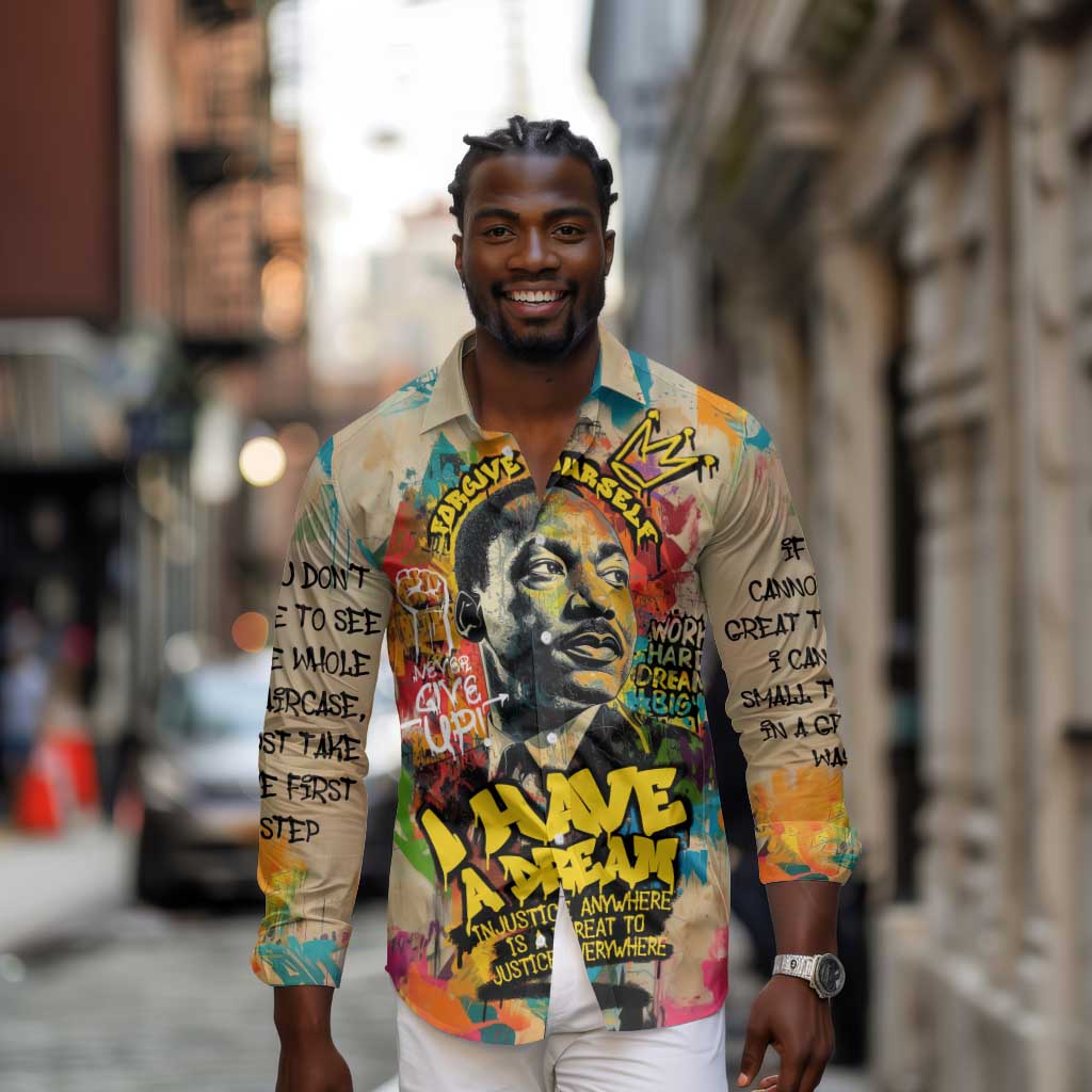 Martin Luther King Graffiti Afro Long Sleeve Button Shirt Colorful Spray Paint Quotes and Crown - African Pride
