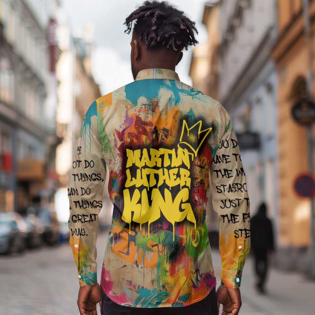 Martin Luther King Graffiti Afro Long Sleeve Button Shirt Colorful Spray Paint Quotes and Crown - African Pride