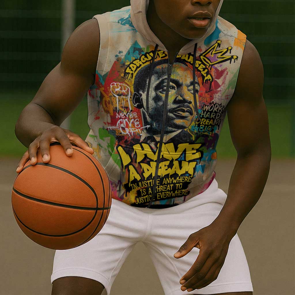 Martin Luther King Graffiti Afro Sleeveless Zip Hoodie Colorful Spray Paint Quotes and Crown - African Pride