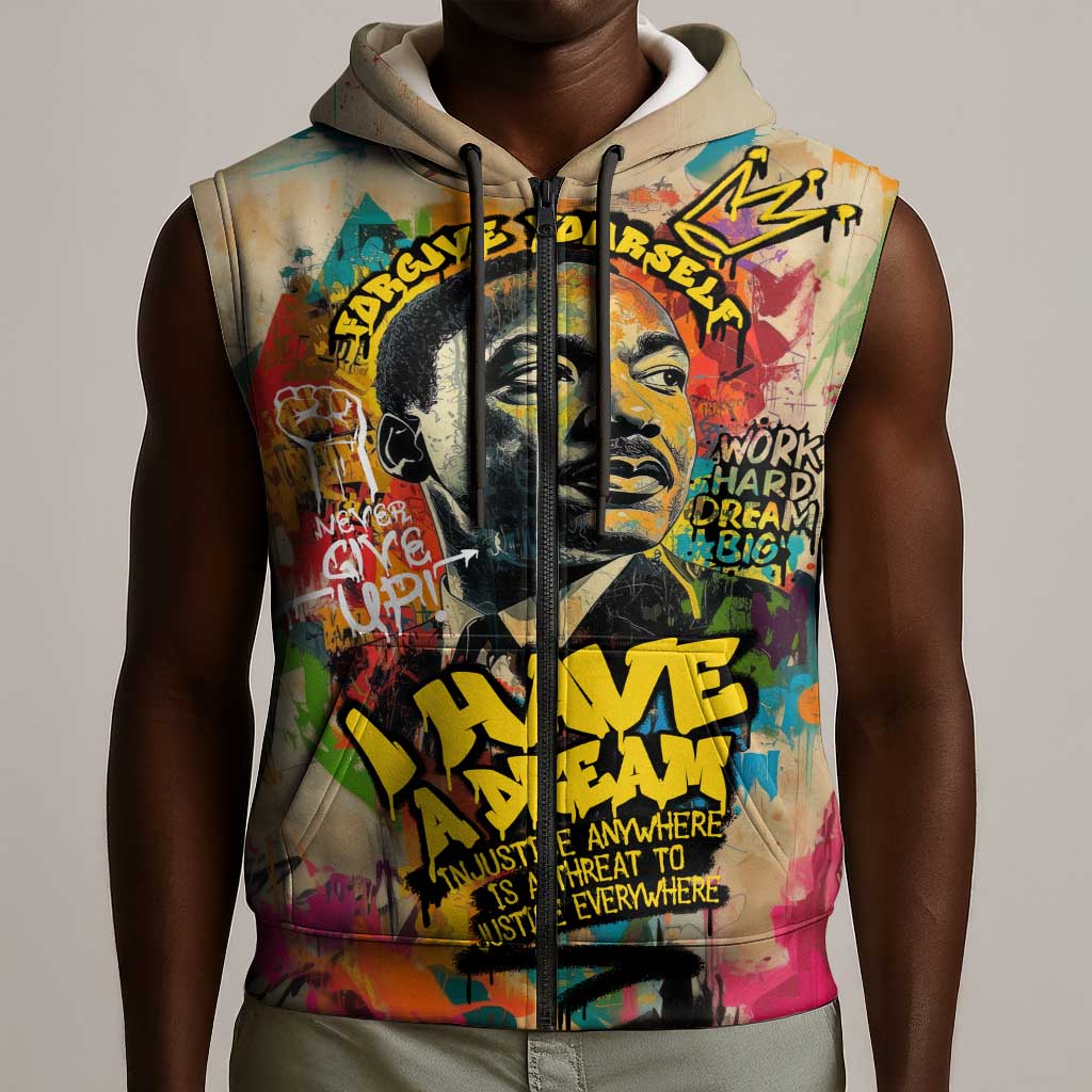 Martin Luther King Graffiti Afro Sleeveless Zip Hoodie Colorful Spray Paint Quotes and Crown - African Pride
