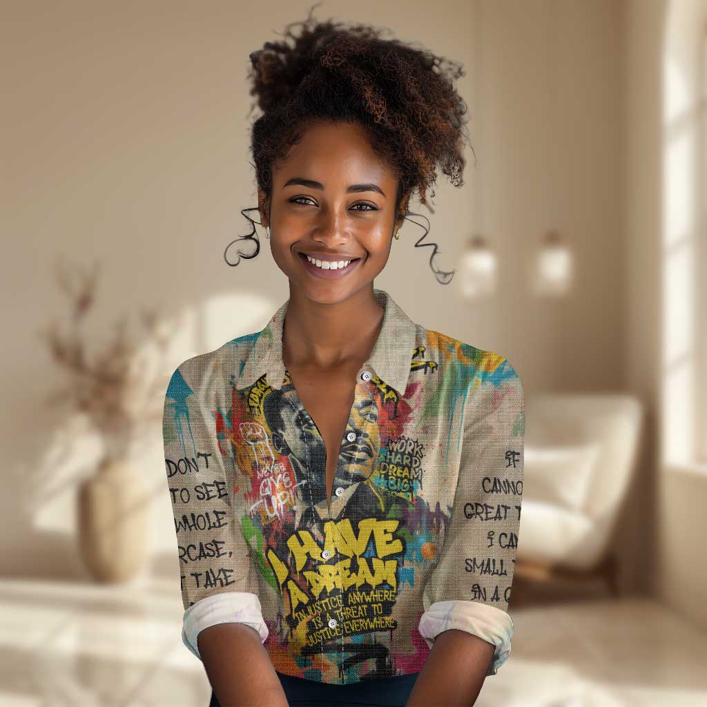 Martin Luther King Graffiti Afro Women Casual Shirt Colorful Spray Paint Quotes and Crown - African Pride