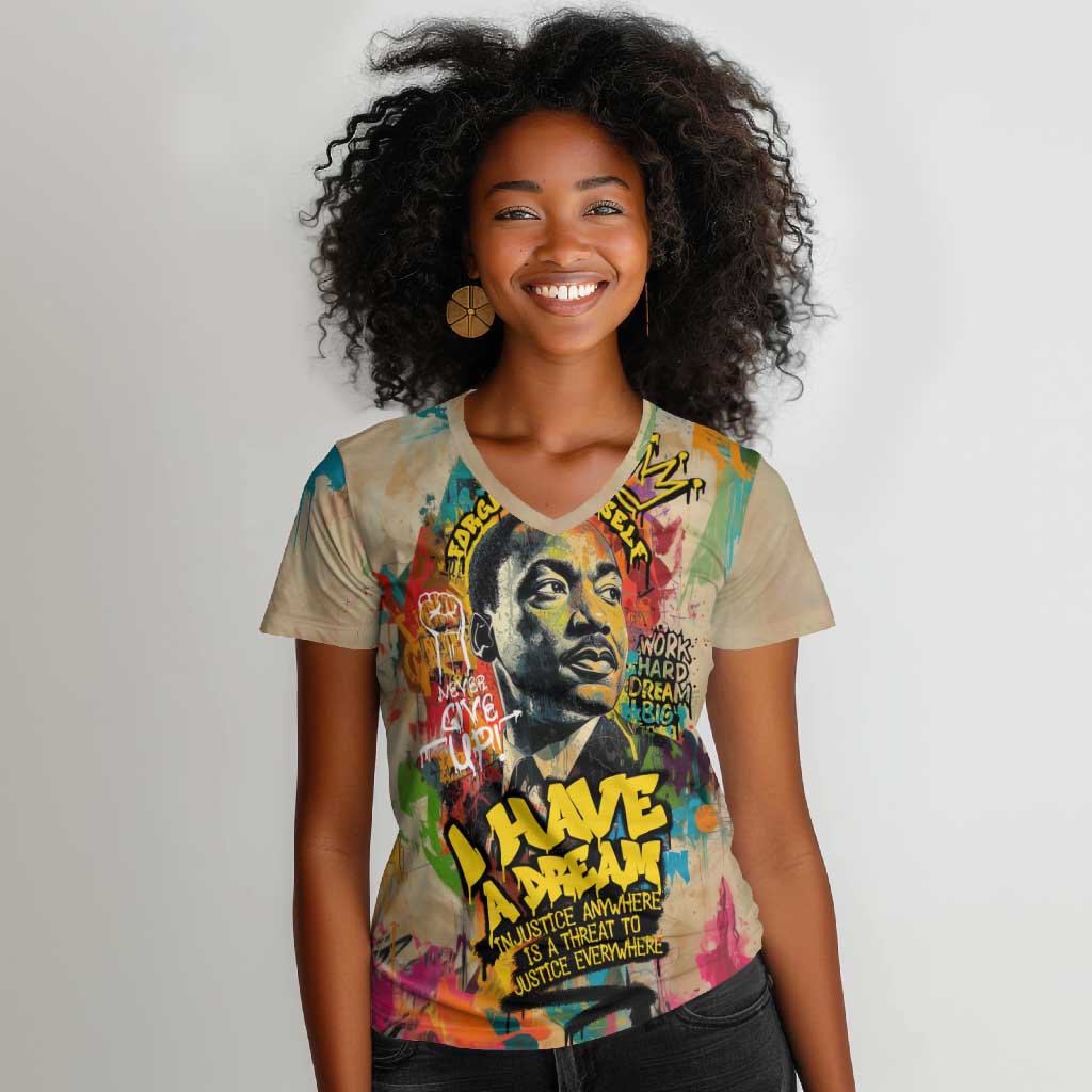 Martin Luther King Graffiti Afro Women V-Neck T-Shirt Colorful Spray Paint Quotes and Crown - African Pride