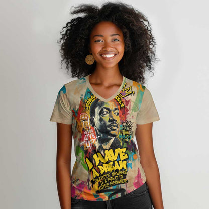 Martin Luther King Graffiti Afro Women V-Neck T-Shirt Colorful Spray Paint Quotes and Crown - African Pride