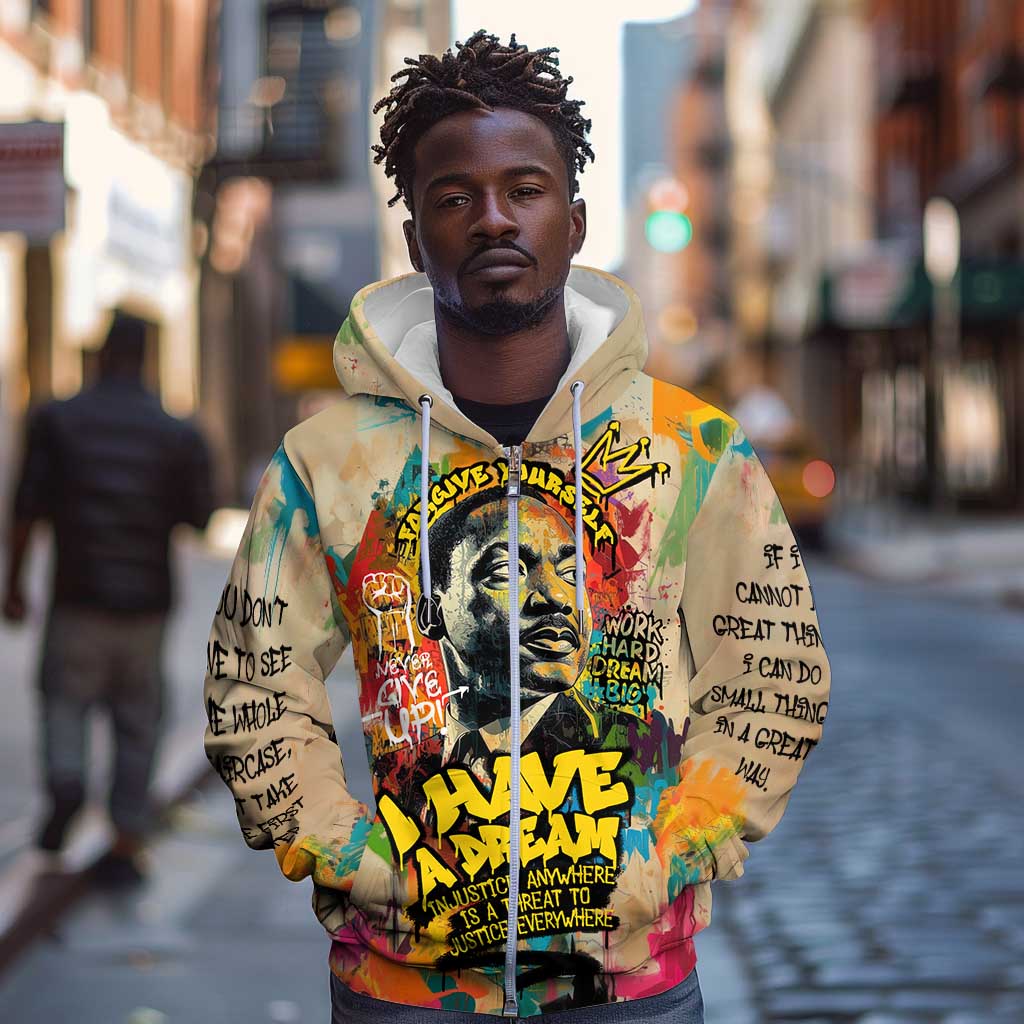 Martin Luther King Graffiti Afro Zip Hoodie Colorful Spray Paint Quotes and Crown - African Pride