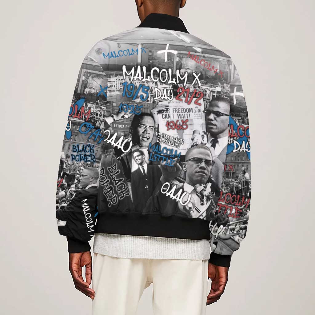 Afro Malcolm X Bomber Jacket Quotes Dates and Black History Activist Theme - African Pride