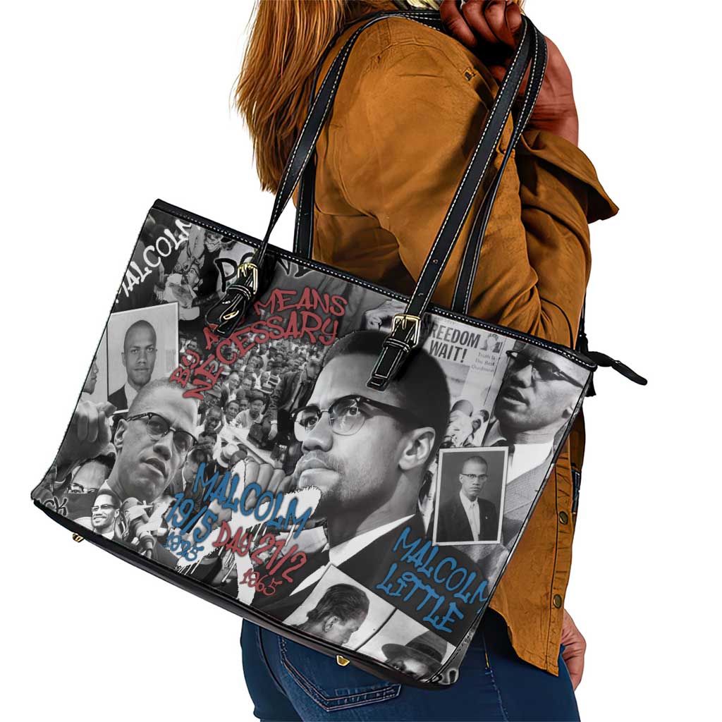 Afro Malcolm X Leather Tote Bag Quotes Dates and Black History Activist Theme - African Pride