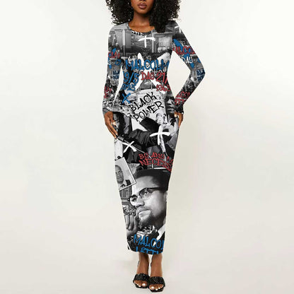 Afro Malcolm X Long Sleeve Bodycon Dress Quotes Dates and Black History Activist Theme - African Pride