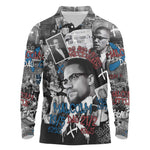 Afro Malcolm X Long Sleeve Polo Shirt Quotes Dates and Black History Activist Theme - African Pride