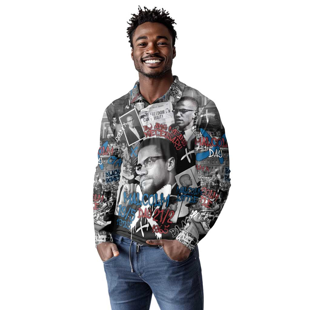 Afro Malcolm X Long Sleeve Polo Shirt Quotes Dates and Black History Activist Theme - African Pride