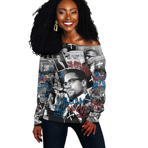 Afro Malcolm X Off Shoulder Sweater Quotes Dates and Black History Activist Theme - African Pride