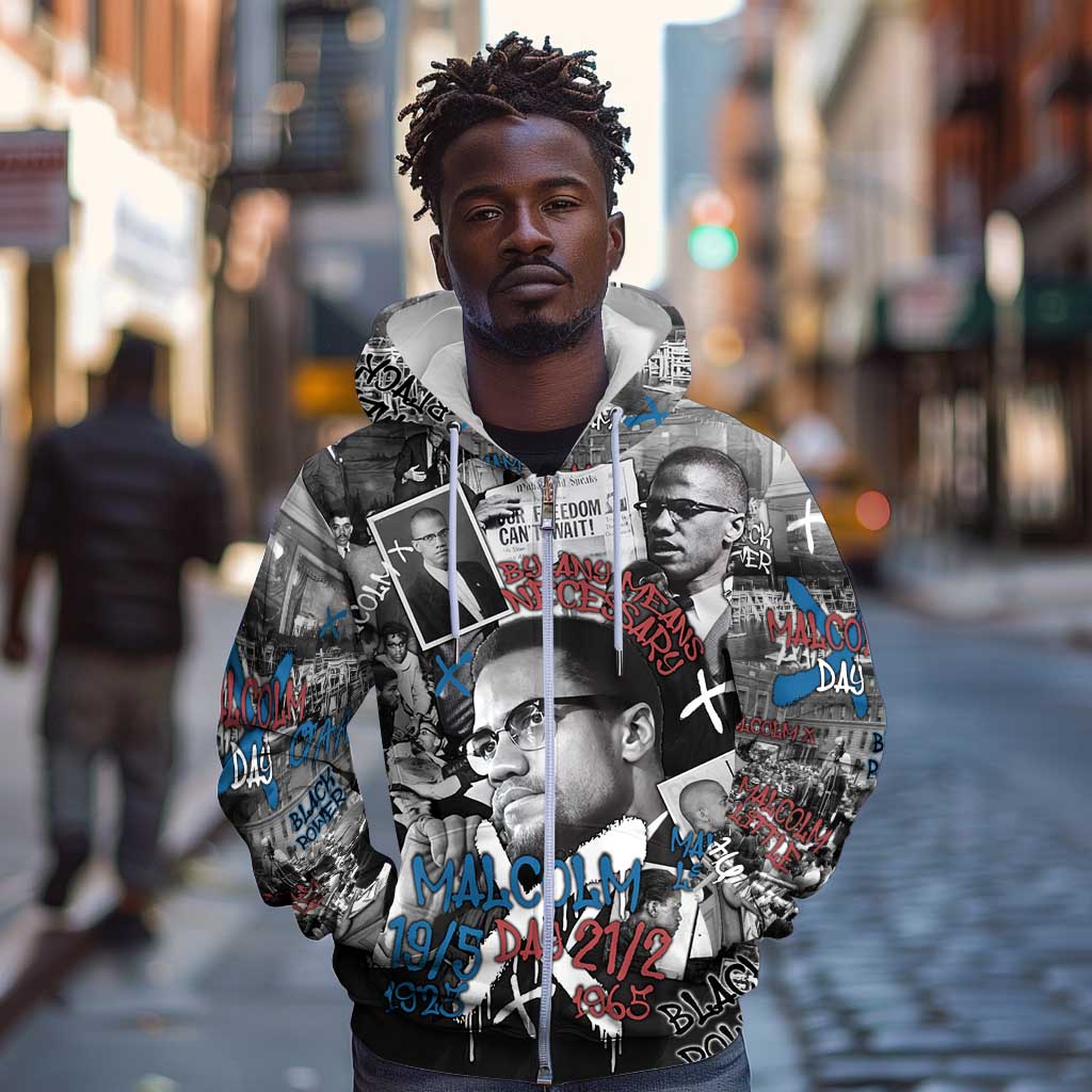Afro Malcolm X Zip Hoodie Quotes Dates and Black History Activist Theme - African Pride