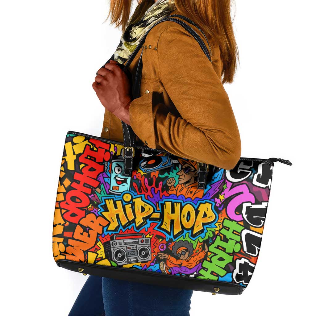 Hip Hop Graffiti African Leather Tote Bag Black Melanin Text and Urban Street Art - African Pride