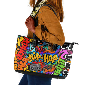 Hip Hop Graffiti African Leather Tote Bag Black Melanin Text and Urban Street Art - African Pride