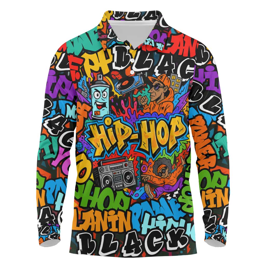 Hip Hop Graffiti African Long Sleeve Polo Shirt Black Melanin Text and Urban Street Art - African Pride