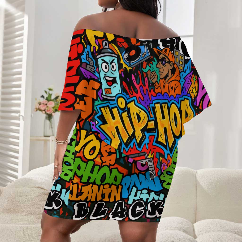 Hip Hop Graffiti African Off Shoulder Short Dress Black Melanin Text and Urban Street Art - African Pride