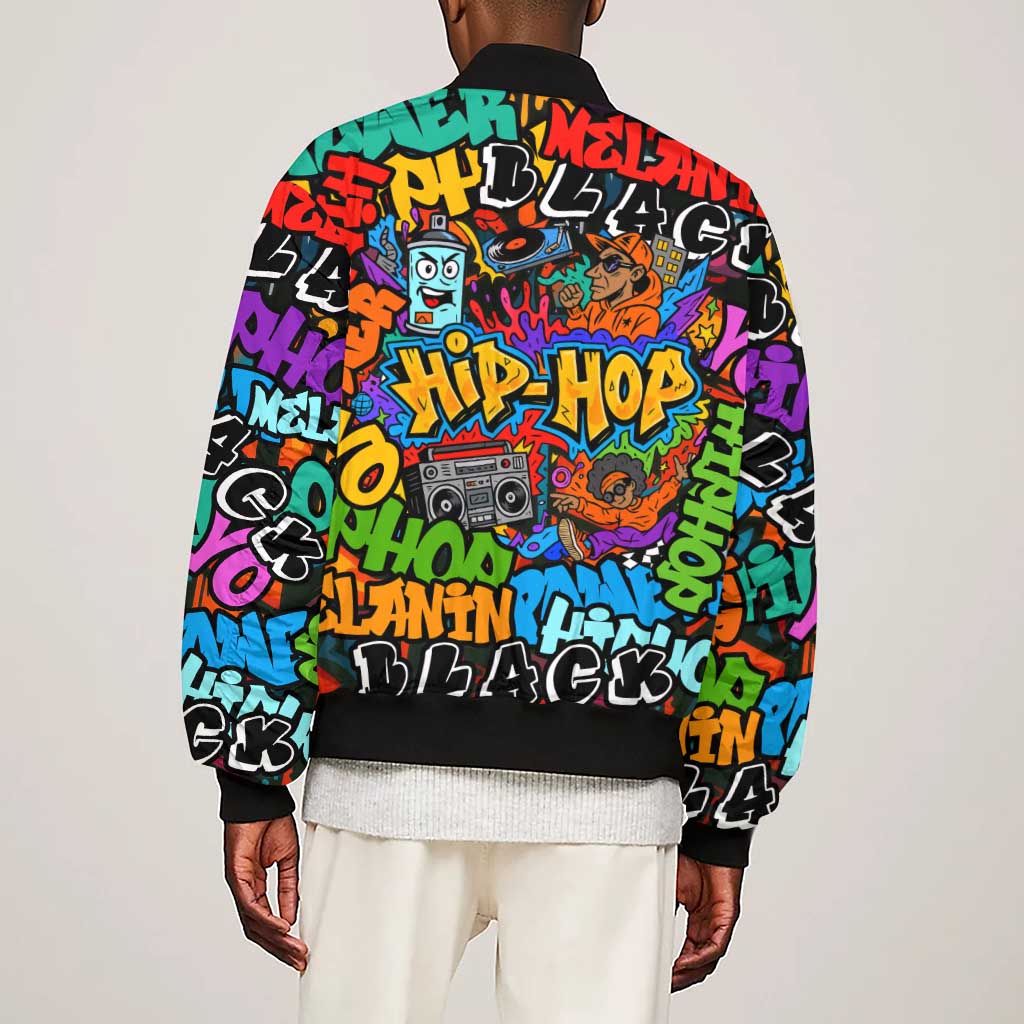 Hip Hop Graffiti African Sleeve Zip Bomber Jacket Black Melanin Text and Urban Street Art - African Pride