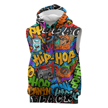 Hip Hop Graffiti African Sleeveless Hoodie Black Melanin Text and Urban Street Art - African Pride