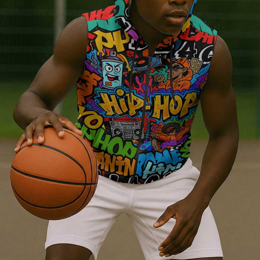 Hip Hop Graffiti African Sleeveless Zip Hoodie Black Melanin Text and Urban Street Art - African Pride