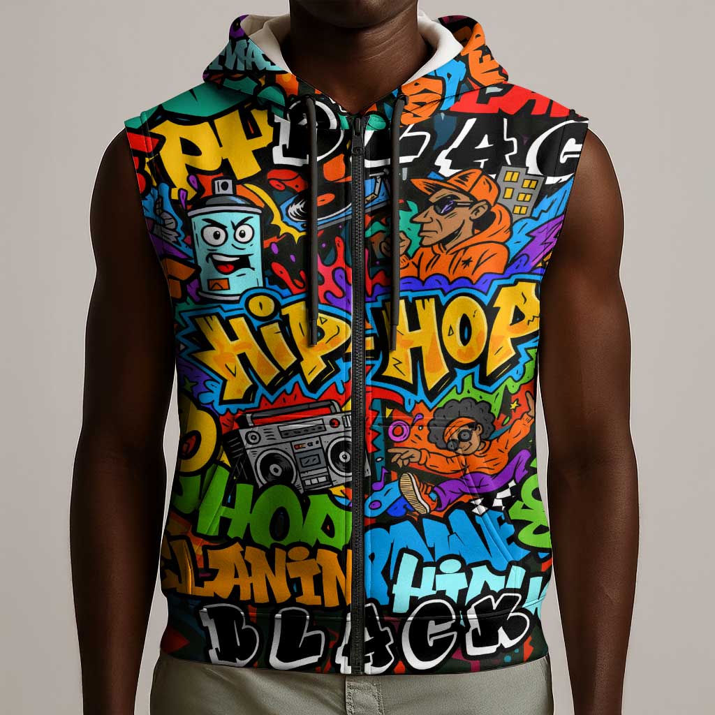 Hip Hop Graffiti African Sleeveless Zip Hoodie Black Melanin Text and Urban Street Art - African Pride