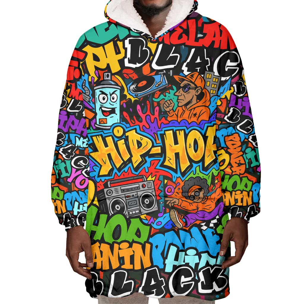 Hip Hop Graffiti African Wearable Blanket Hoodie Black Melanin Text and Urban Street Art - African Pride