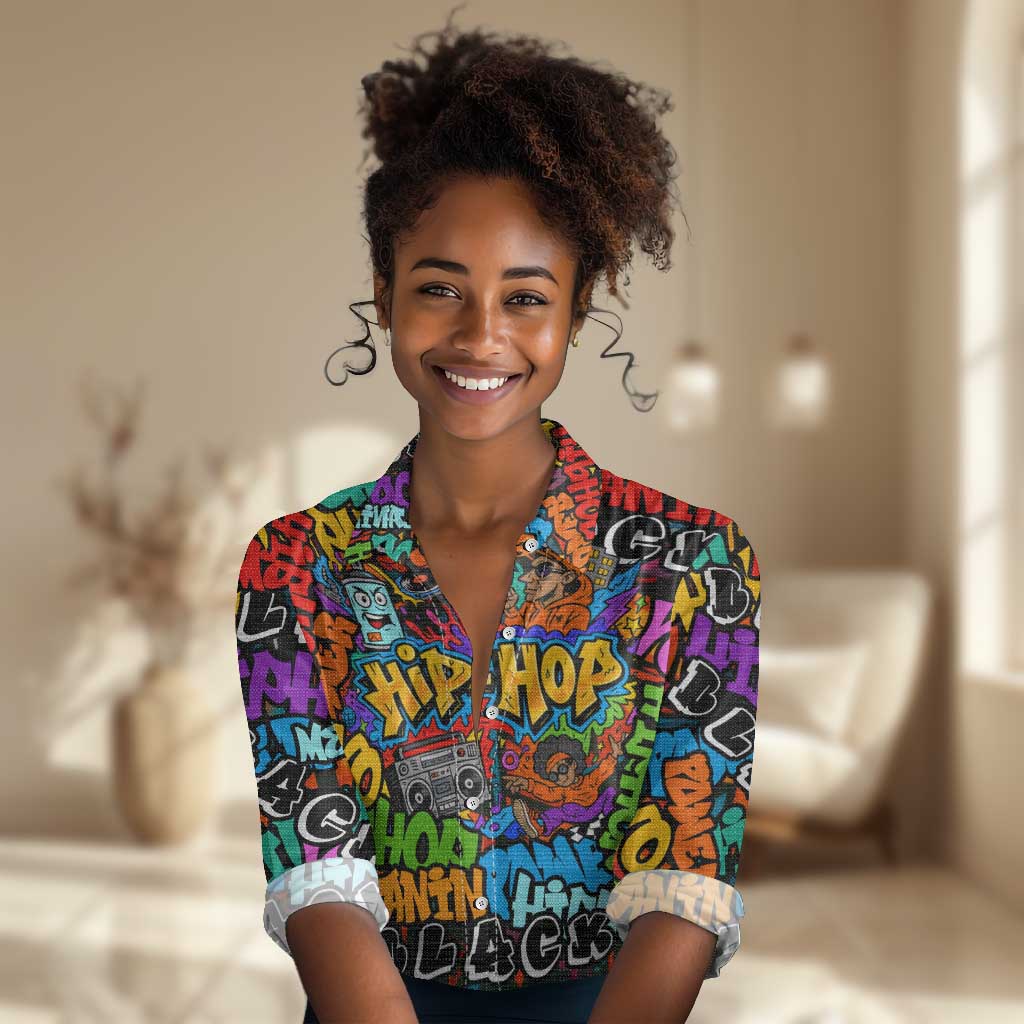 Hip Hop Graffiti African Women Casual Shirt Black Melanin Text and Urban Street Art - African Pride