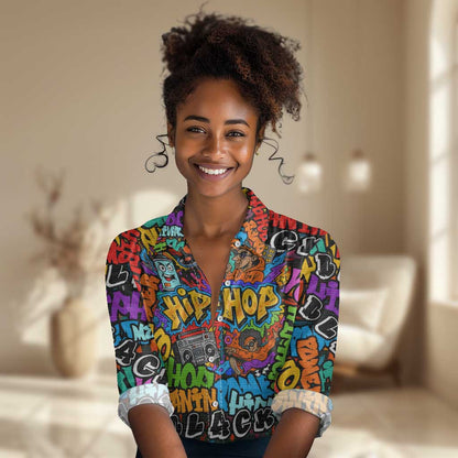 Hip Hop Graffiti African Women Casual Shirt Black Melanin Text and Urban Street Art - African Pride