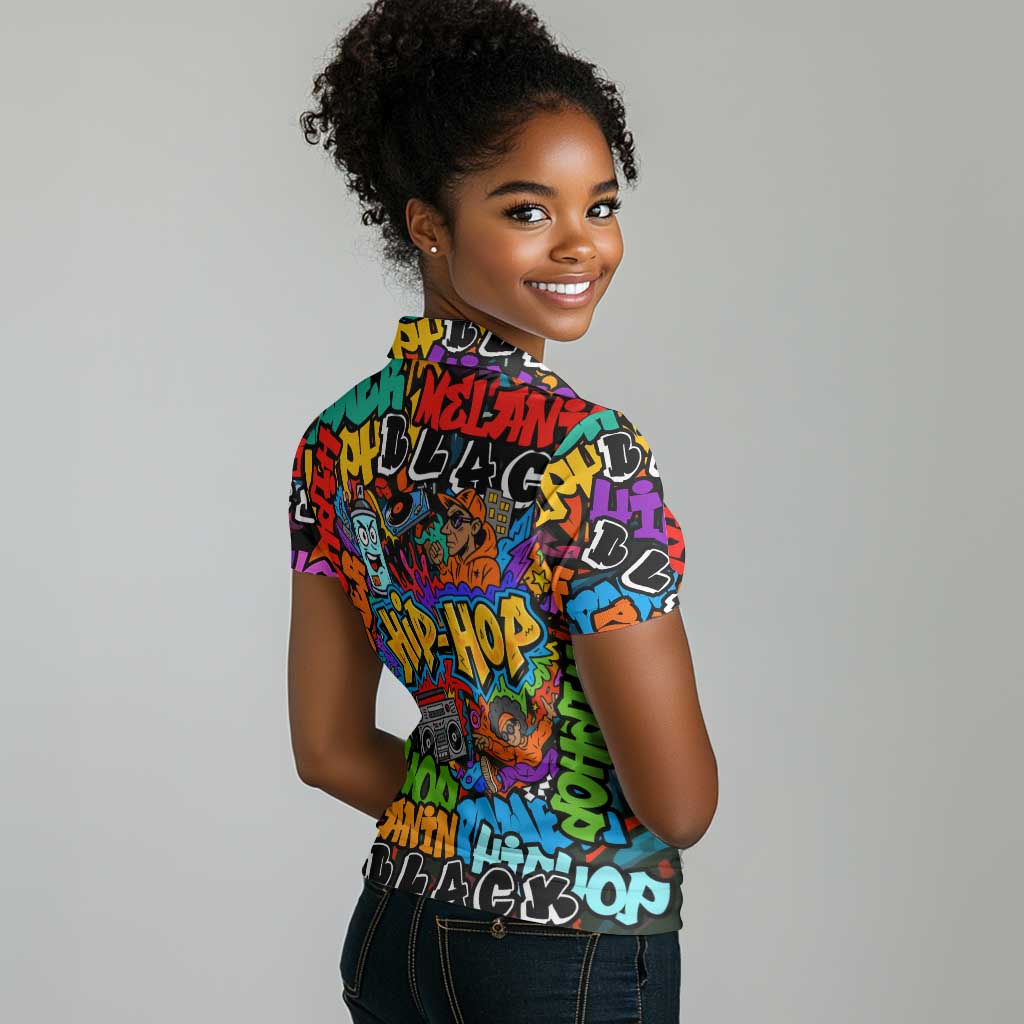 Hip Hop Graffiti African Women Polo Shirt Black Melanin Text and Urban Street Art - African Pride