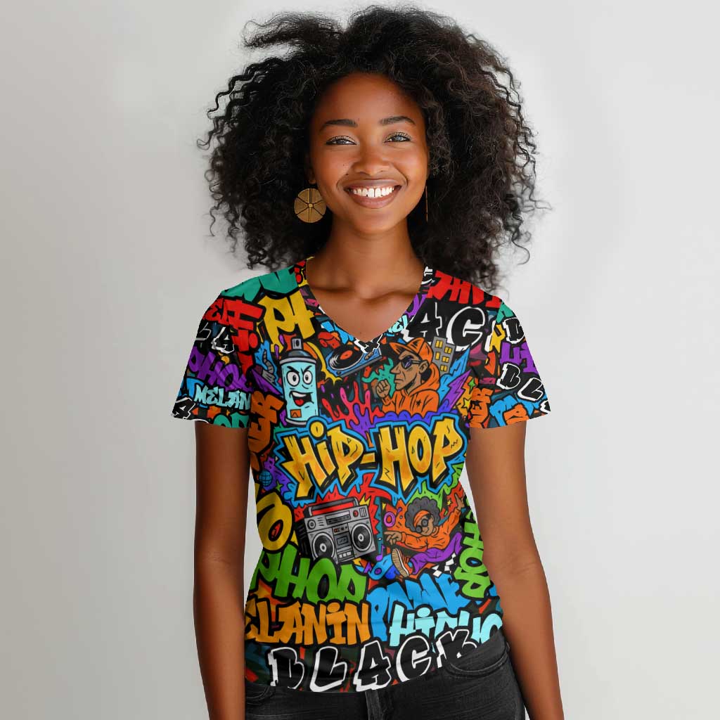 Hip Hop Graffiti African Women V-Neck T-Shirt Black Melanin Text and Urban Street Art - African Pride