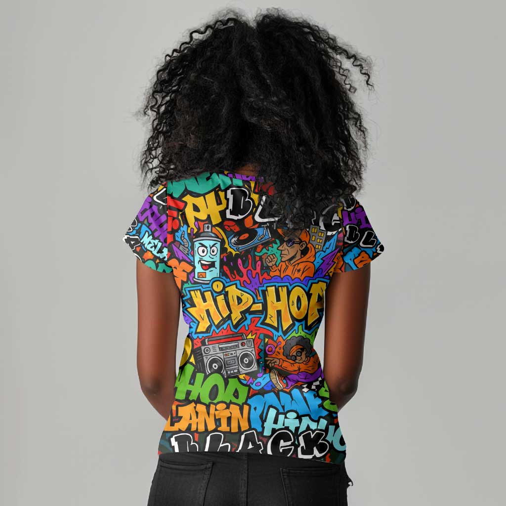 Hip Hop Graffiti African Women V-Neck T-Shirt Black Melanin Text and Urban Street Art - African Pride