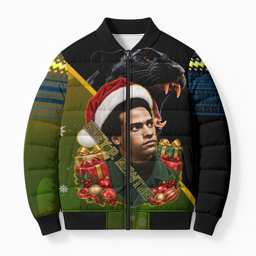 Huey P. Newton Black Panther Christmas Bomber Puffer Jacket Black History Civil Rights Festive Holiday Art