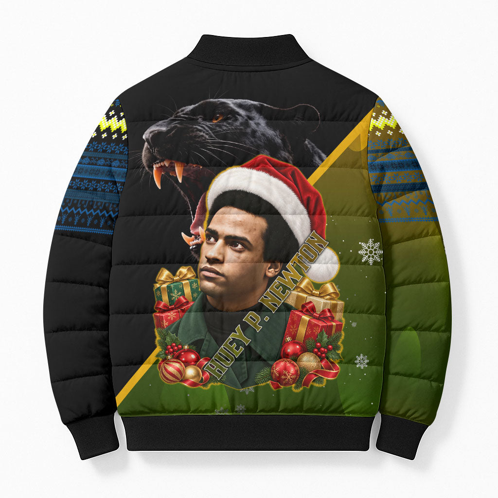 Huey P. Newton Black Panther Christmas Bomber Puffer Jacket Black History Civil Rights Festive Holiday Art