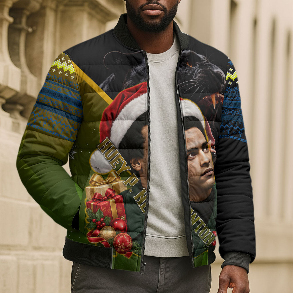Huey P. Newton Black Panther Christmas Bomber Puffer Jacket Black History Civil Rights Festive Holiday Art
