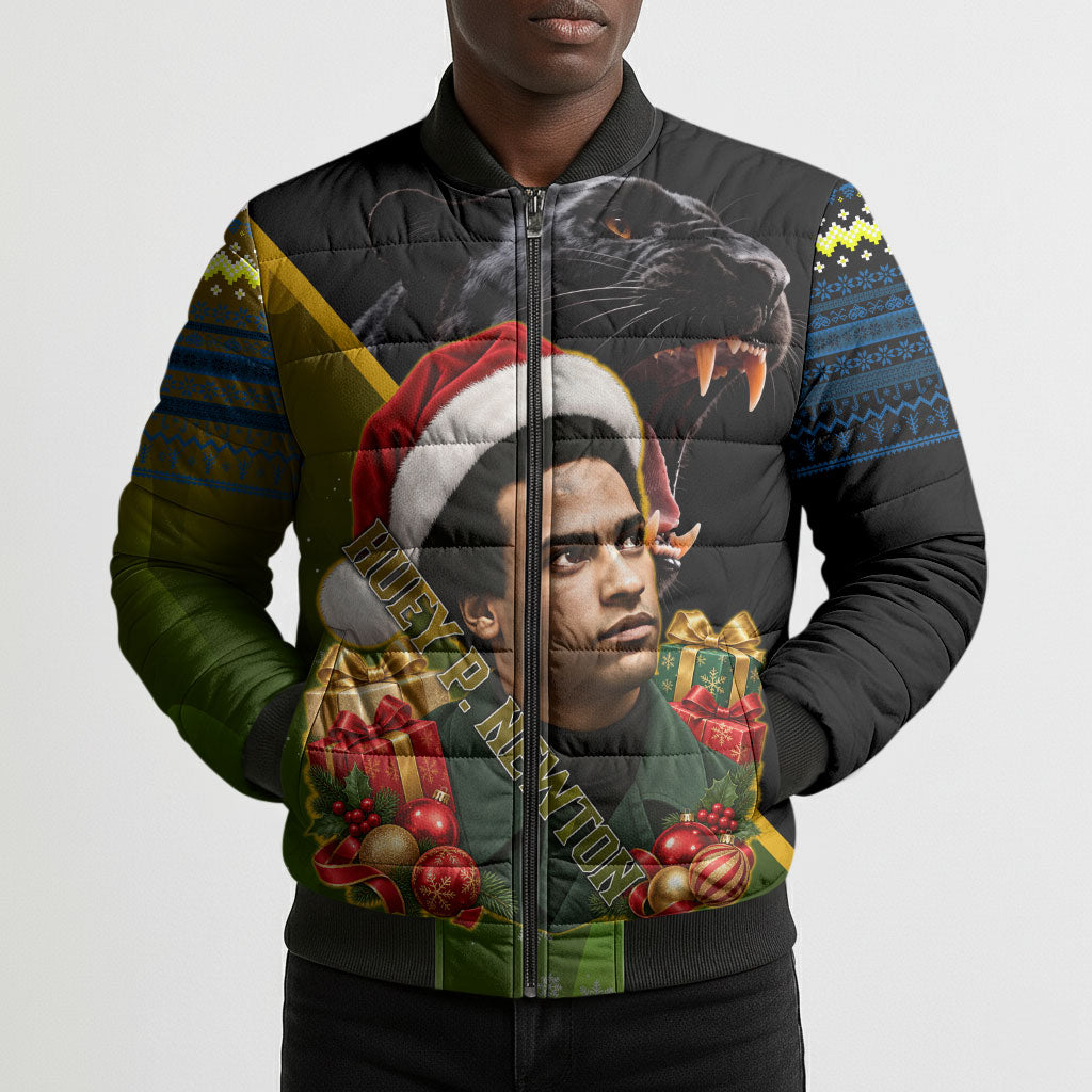 Huey P. Newton Black Panther Christmas Bomber Puffer Jacket Black History Civil Rights Festive Holiday Art