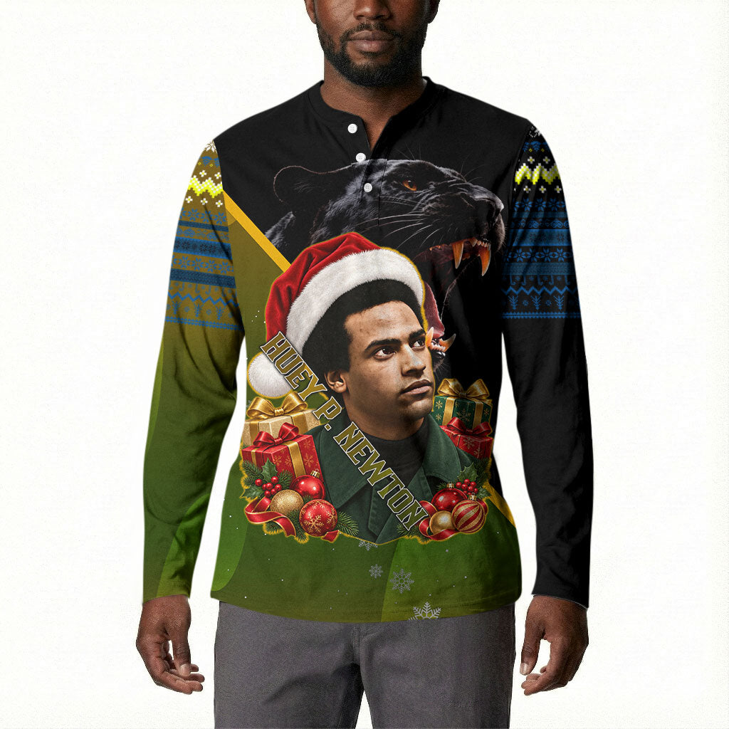 Huey P. Newton Black Panther Christmas Button Sweatshirt Black History Civil Rights Festive Holiday Art