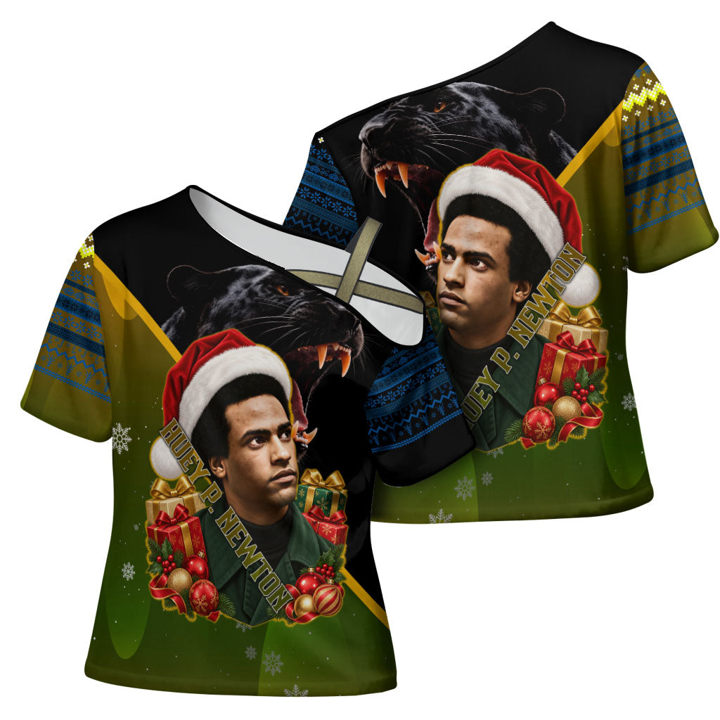 Huey P. Newton Black Panther Christmas Cross Shoulder Shirt Black History Civil Rights Festive Holiday Art