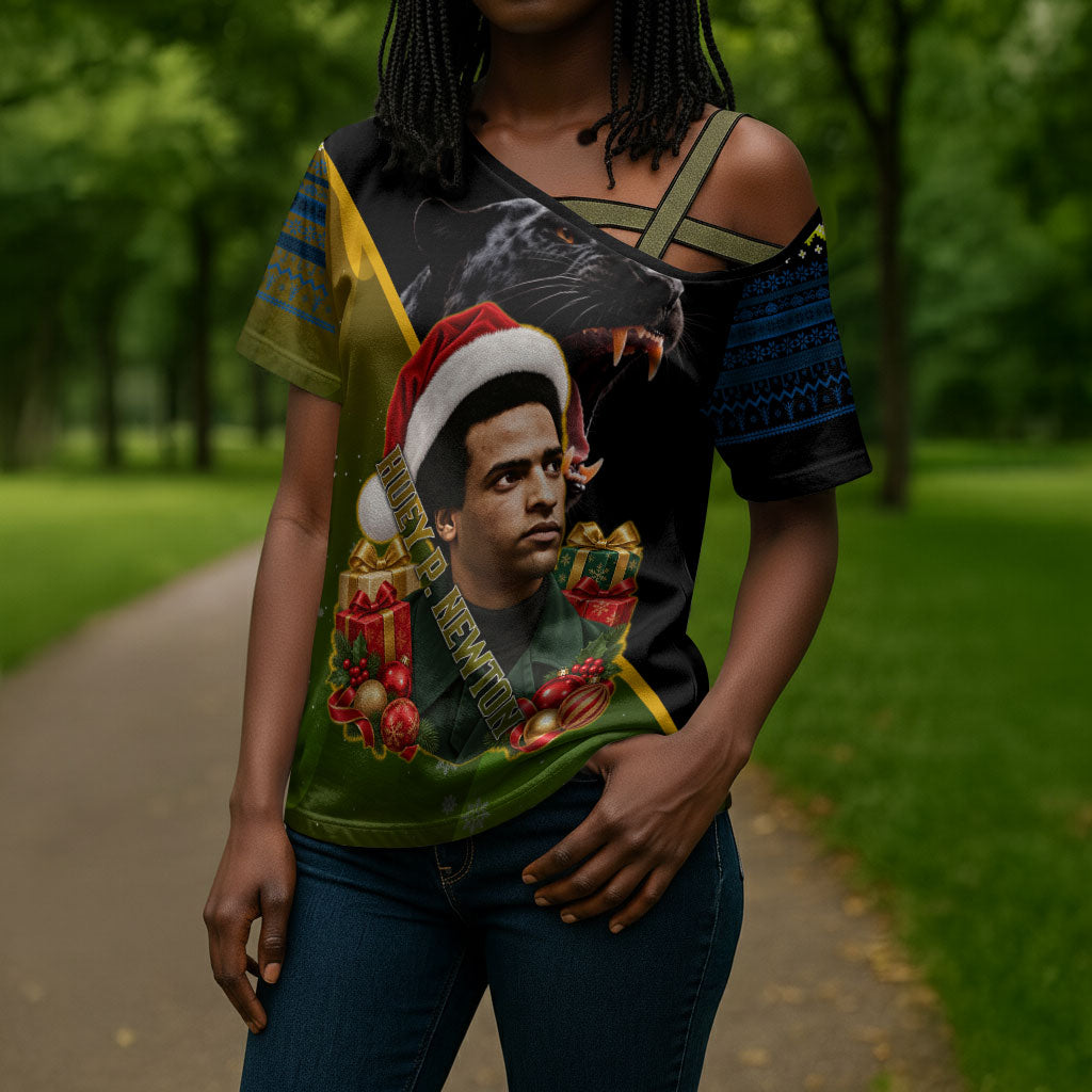 Huey P. Newton Black Panther Christmas Cross Shoulder Shirt Black History Civil Rights Festive Holiday Art