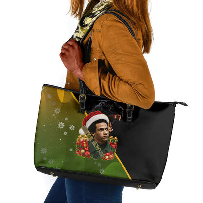 Huey P. Newton Black Panther Christmas Leather Tote Bag Black History Civil Rights Festive Holiday Art