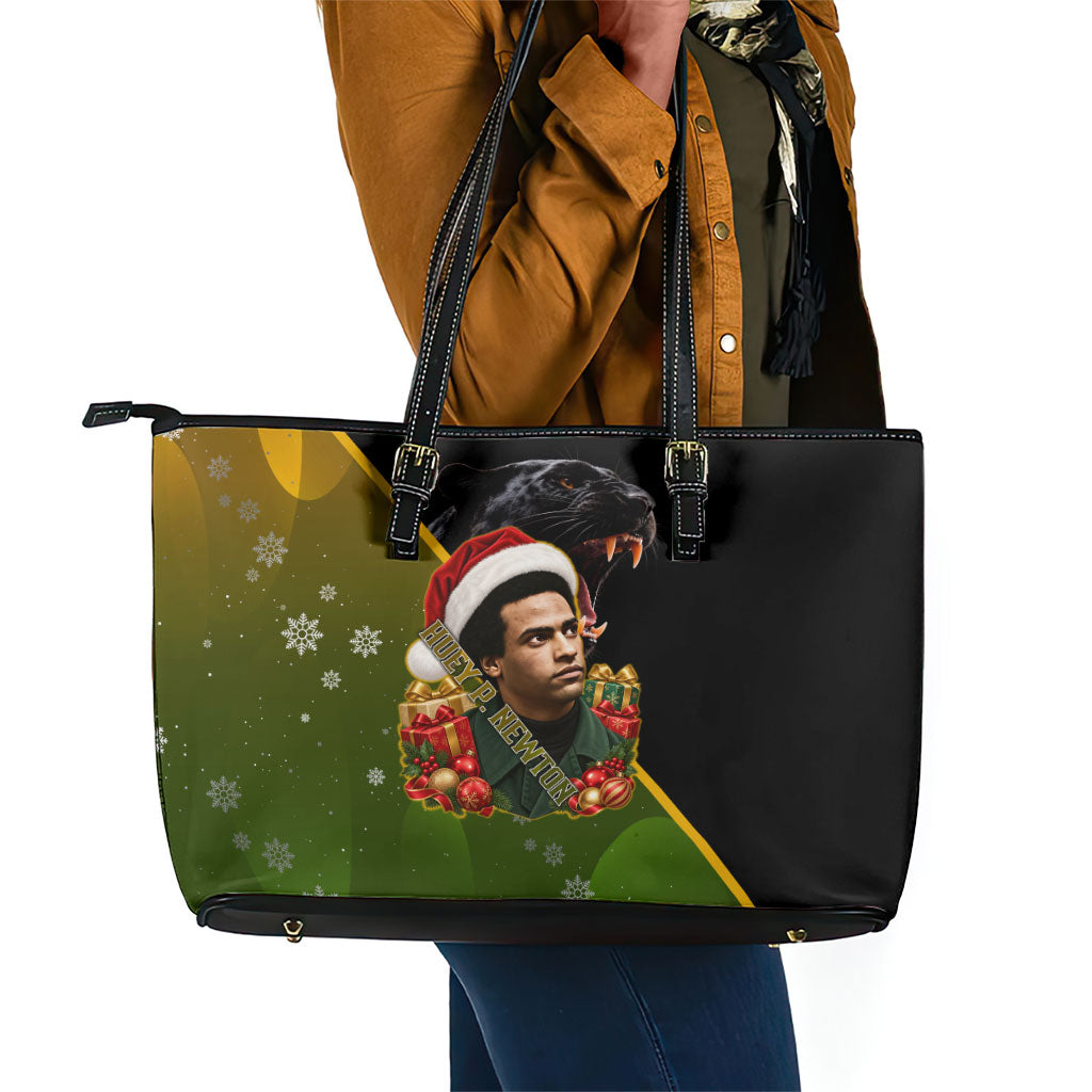 Huey P. Newton Black Panther Christmas Leather Tote Bag Black History Civil Rights Festive Holiday Art