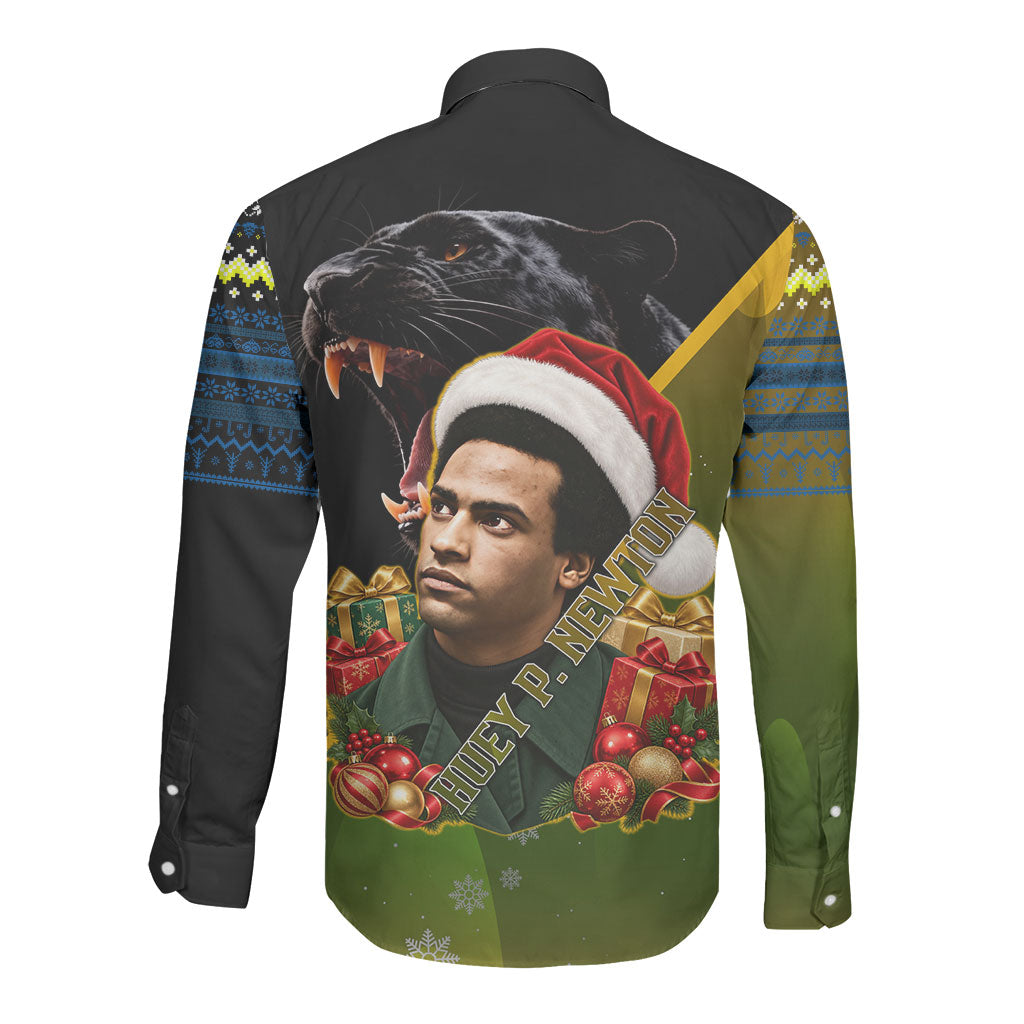 Huey P. Newton Black Panther Christmas Long Sleeve Button Shirt Black History Civil Rights Festive Holiday Art