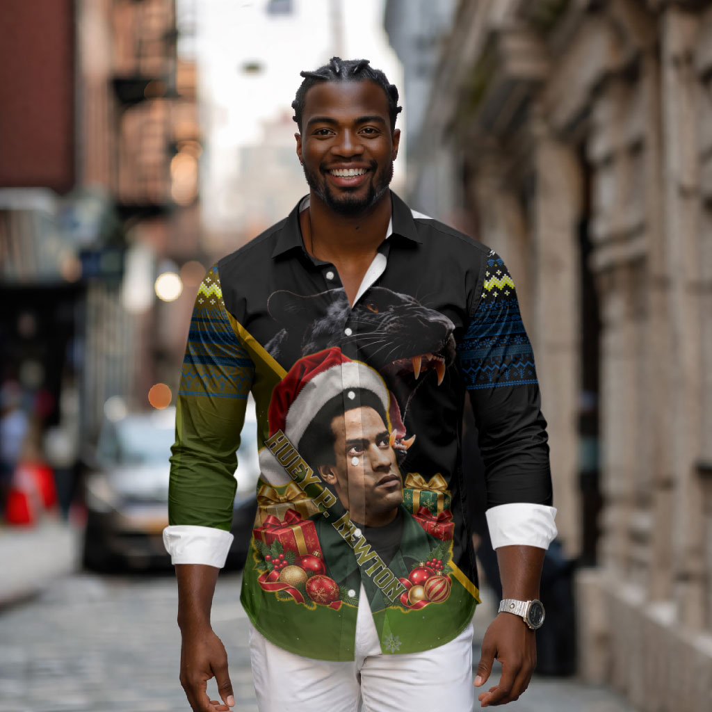 Huey P. Newton Black Panther Christmas Long Sleeve Button Shirt Black History Civil Rights Festive Holiday Art