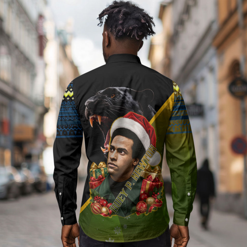 Huey P. Newton Black Panther Christmas Long Sleeve Button Shirt Black History Civil Rights Festive Holiday Art