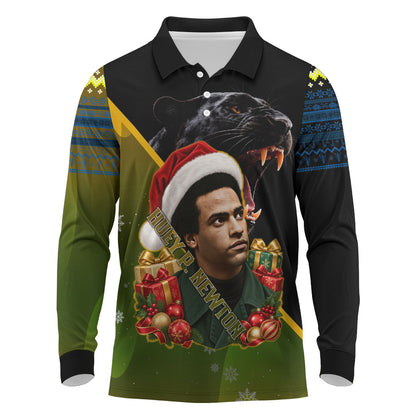 Huey P. Newton Black Panther Christmas Long Sleeve Polo Shirt Black History Civil Rights Festive Holiday Art
