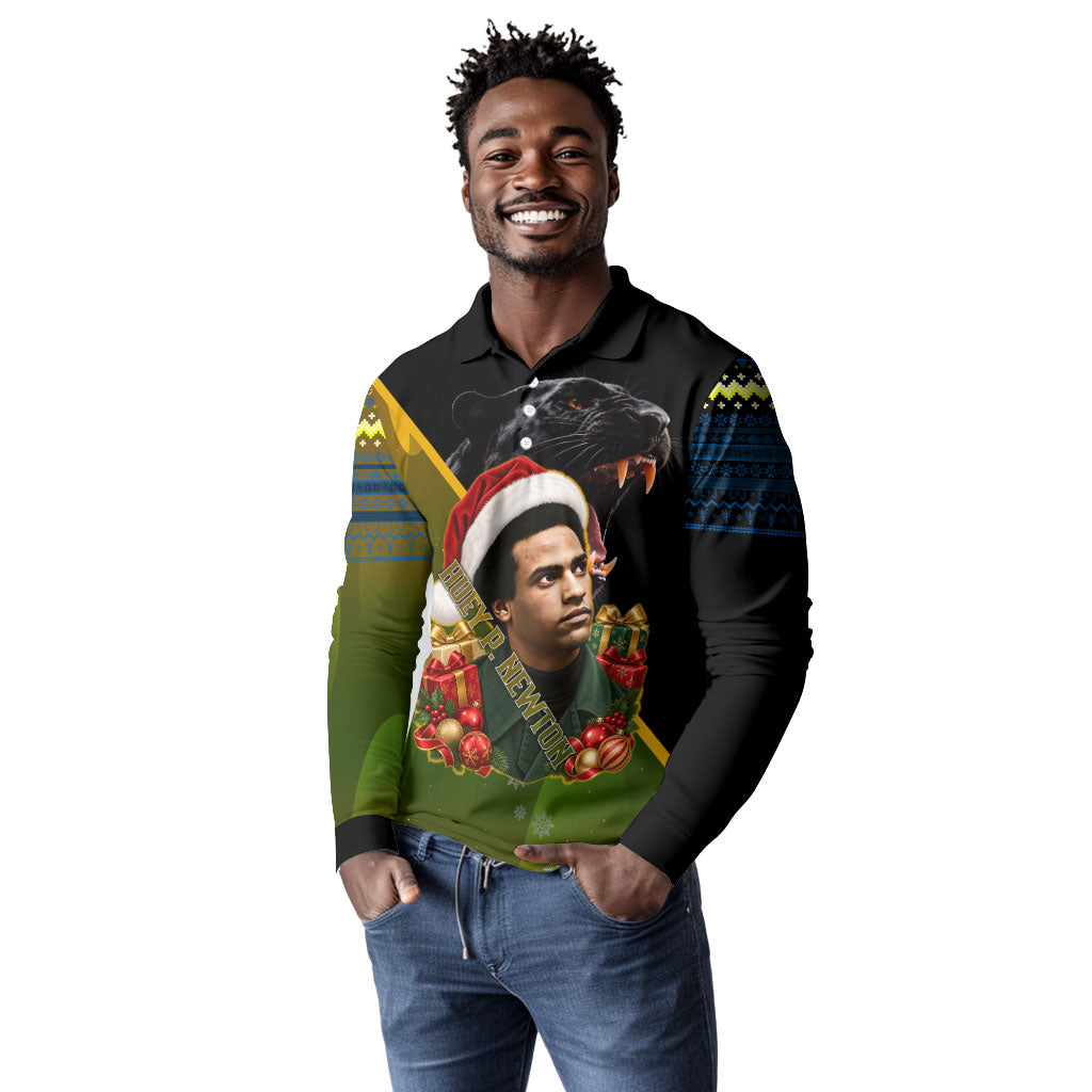 Huey P. Newton Black Panther Christmas Long Sleeve Polo Shirt Black History Civil Rights Festive Holiday Art