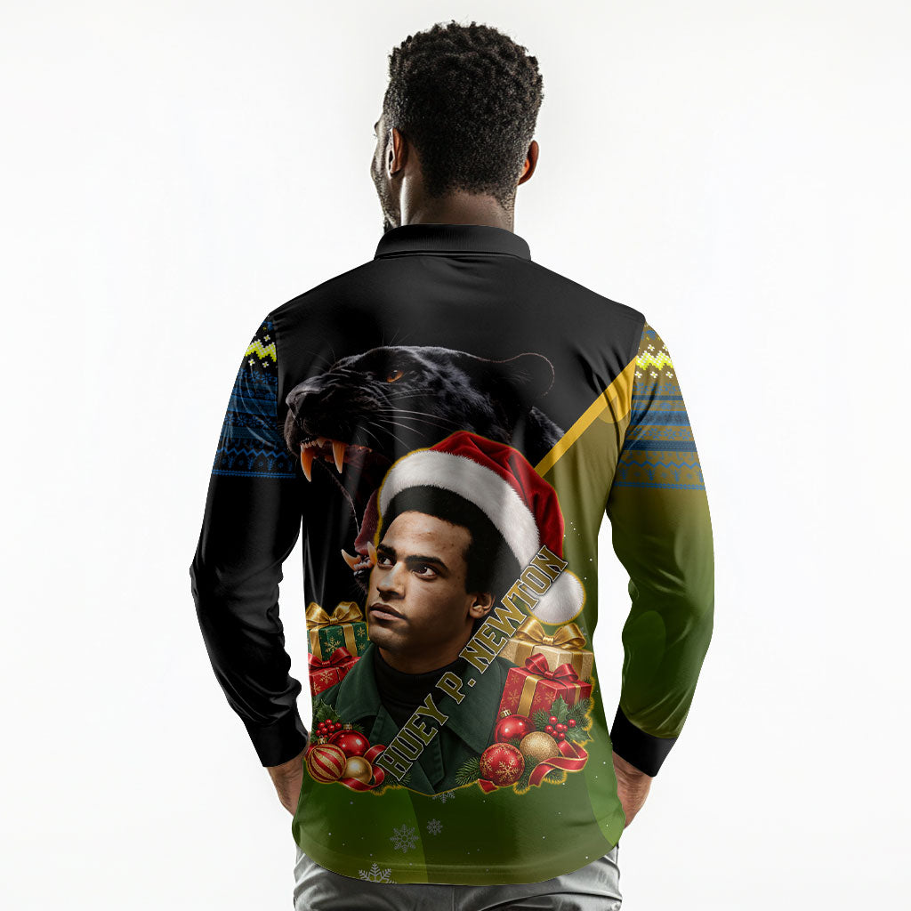 Huey P. Newton Black Panther Christmas Long Sleeve Polo Shirt Black History Civil Rights Festive Holiday Art