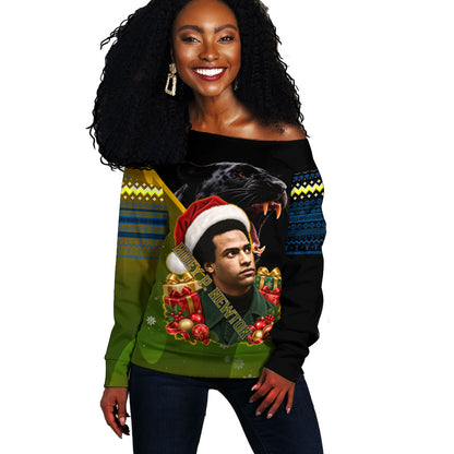 Huey P. Newton Black Panther Christmas Off Shoulder Sweater Black History Civil Rights Festive Holiday Art