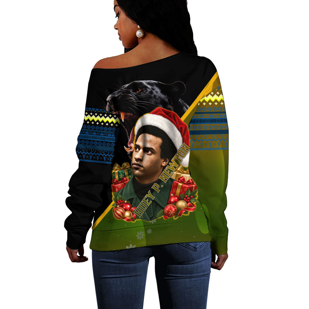 Huey P. Newton Black Panther Christmas Off Shoulder Sweater Black History Civil Rights Festive Holiday Art